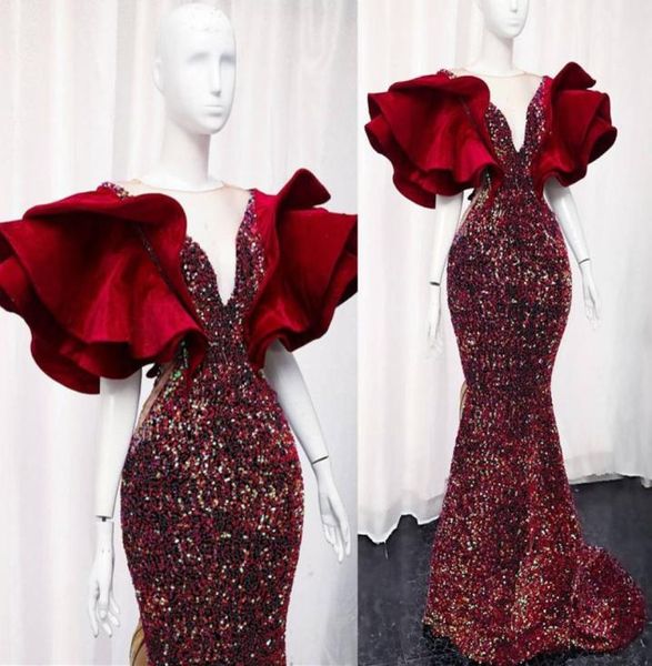 

2021 plus size arabic aso ebi sparkly mermaid burgundy prom dresses sheer neck sequined formal evening party second reception gown2497508, Black