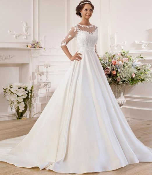 

gorgeous half sleeves satin ball gown wedding dresses with seethrough back lace applique wedding dress vestido de noiva h0128627706, White
