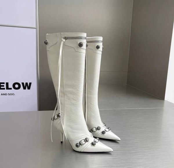 

new pattern white leather kneehigh boots vintage gun color threaded buckle decoration side zipper pointed toe tassel highheeled 9409328, Black