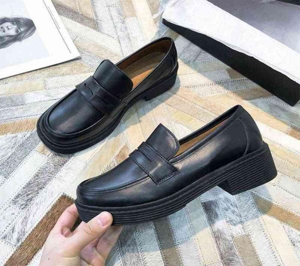

retro british college style loafers shoes thick bottom janes loafers girls casual shoes flat mary shoes women platform leat y220628693848, Black