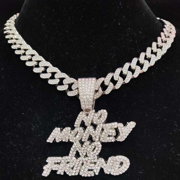 

men women hip hop no money no friend pendant necklace with 13mm cuban chain hiphop iced out bling necklaces fashion jewelry, Silver