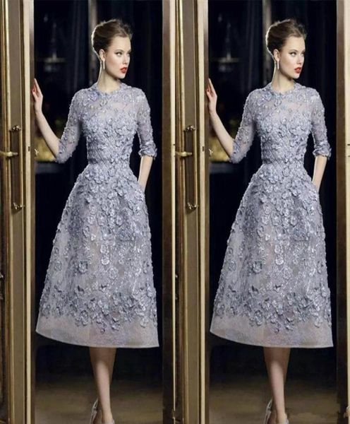 

elie saab evening dresses elegant lace applique aline prom gowns 34 long sleeve tea length formal party celebrity dress cus3742538, Black;red