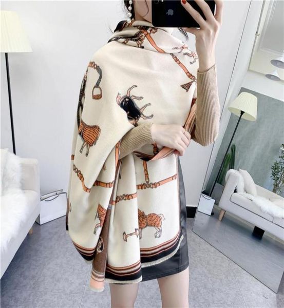 

winter cashmere scarf women shawls design horse chain print warm wraps lady thicken soft bufanda blanket cape scarves6181093, Blue;gray