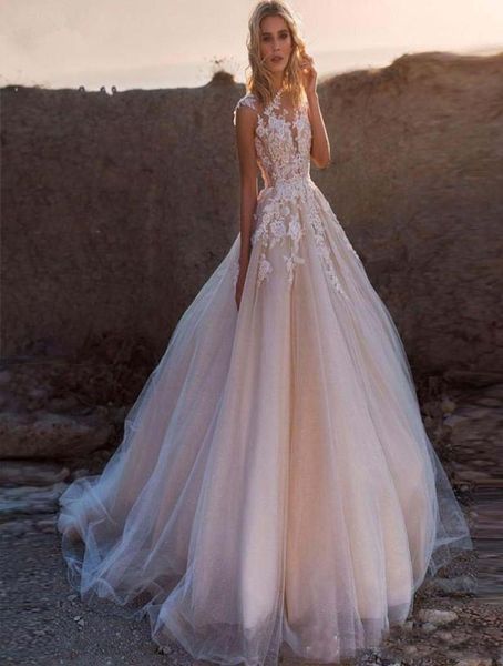 

sheer neck a line wedding dresses lace blush pink floor length custom made tulle skirt beach wedding bridal gowns7149018, White