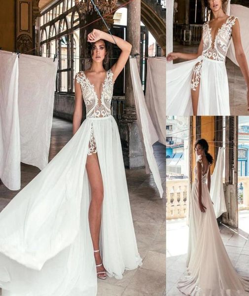 

2020 new deep v neck beach wedding dresses side high slit lace appliqued illusion bodice sweep train bohomian wedding bridal 1033872, White