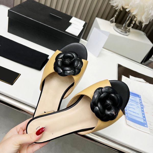 

designer womens slippers flat sandals leather camellia hardware buckle flat shoes home outdoor beach shoe casual shoes small short heel walk, Black