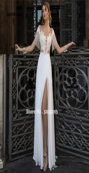 

other wedding dresses vestido de novia chiffon dress 2022 side slit tassel long sleeve oneck lace appliques bridal gown backless 1172285, White
