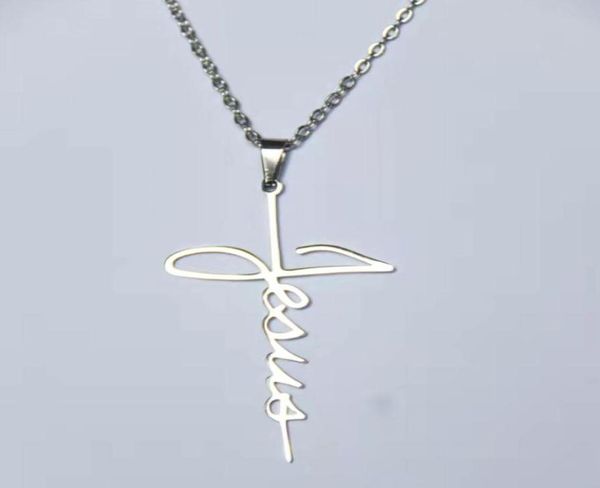 

10pclot new letter jesus cross stainless steel pendant necklaces women men dainty handwriting style charms choker party jewelry g11746297, Silver