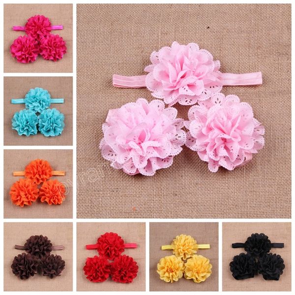 

solid color baby girl elastic headband and flower barefoot sandal shoes set infant toddler accessories pgraphy props, Slivery;white