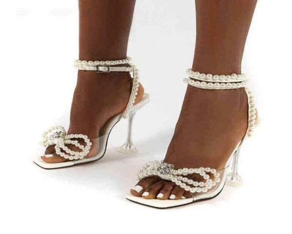 

2022 new sandals women shoes spike heel open toe pearl butterflyknot clear transparent high heels ankle strap buckle pumps y220203145691, Black