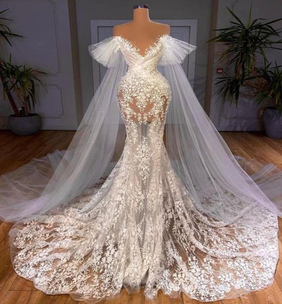 

2021 plus size arabic aso ebi luxurious lace mermaid wedding gowns sheer neck see through vintage bridal dresses zj7872574840, White