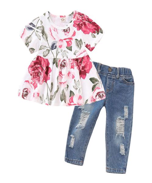 

baby girl summer clothing sets oneck short sleeve full flower print shirt denim pant summer girl casual clothing set4054522, White