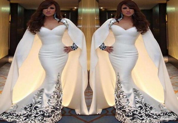 

white vintage evening dresses with long cape mermaid style prom dresses with applique africa custom made formal party gowns long s2511744, Black;red