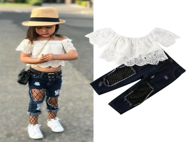 

toddler kids baby girl clothes baby summer clothing off shoulder lace ripped fishnet patchwork jeans pants 2pcs outfit y200836224506, White