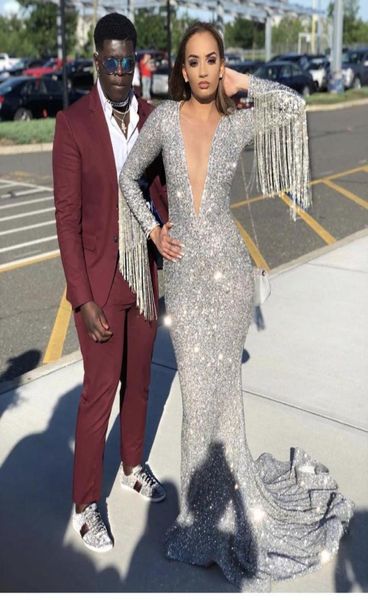 

glitter sequin mermaid tassel silver prom dresses long sleeves plus size deep vneck african graduation party gowns formal dress5753279, Black