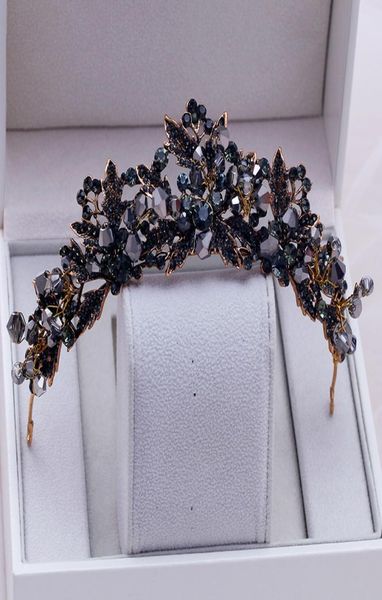 

baroque handmade black crystal beads bridal tiaras crown rhinestone diadem pageant veil tiara headbands wedding hair accessories y9718181, White;golden