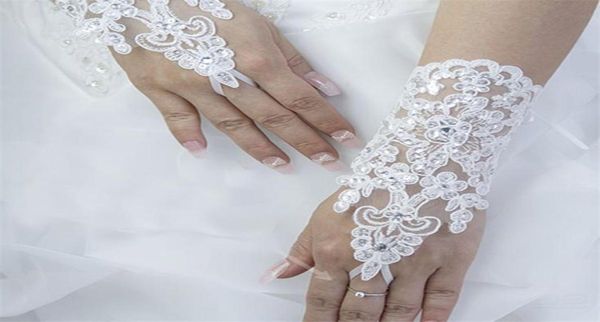 

elegant white lace bridal gloves wrist fingerless short paragraph rhinestone wedding gloves promotion whole low 7199541