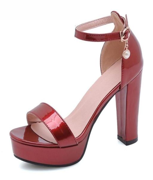 

women shoes summer sandals patent leather platform thick heels party shoes buckle extreme high heel ankle strap sandals4949362, Black