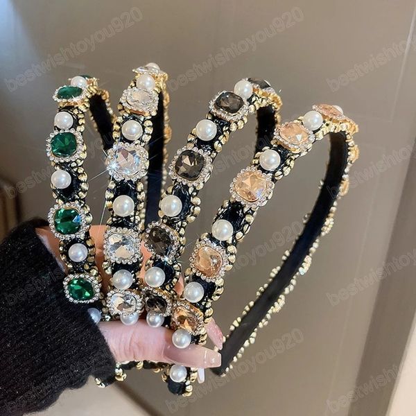 

fashion rhinestone pearl headbands shiny crystal gem bridal hairband women non-slip thin head hoop makeup party headband, Silver