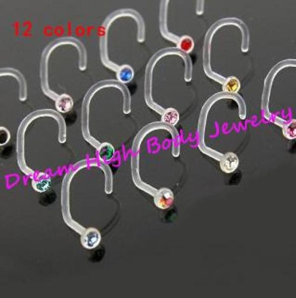 

flexible nose ring stud screw clear uv acrylic 12colors gem stone retainers hide crystal body pierci4085243, Slivery;golden