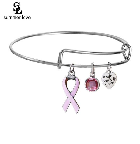 

new arrival breast cancer pink ribbon crystal charm wire bangles bracelet hand made with love bracelets adjustable jewelry gift wh9233554, Black