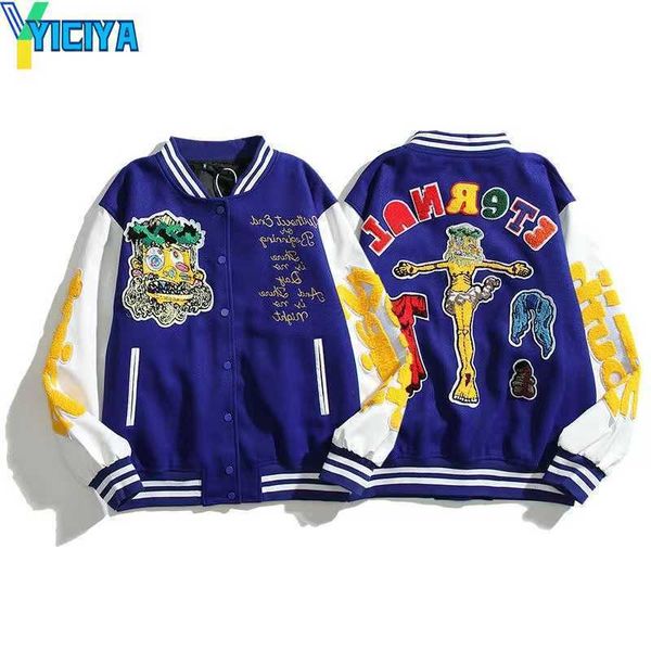 

yiciya letterman's designer jackets saint god embriodery clowns pu sleeve baseball collar streetwear stitched hip hop varsity outerwear, Black;brown