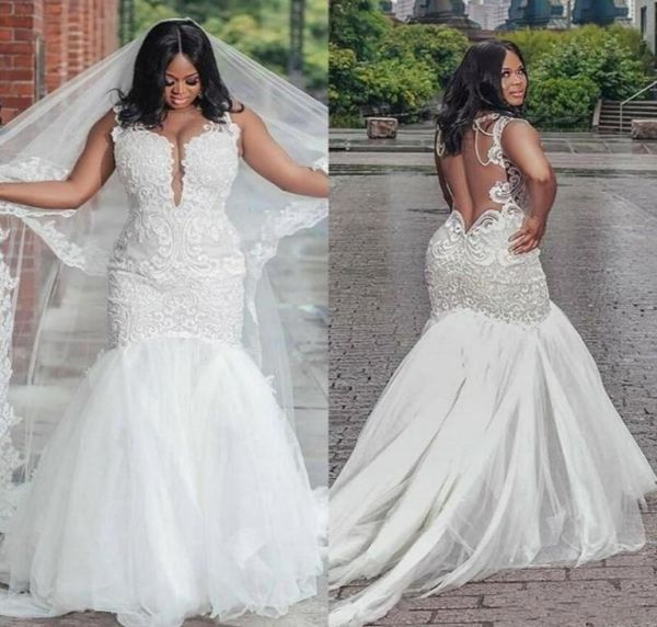 

fabulous lace african mermaid wedding dresses plus size backless court train tulle applique bride gowns7206901, White