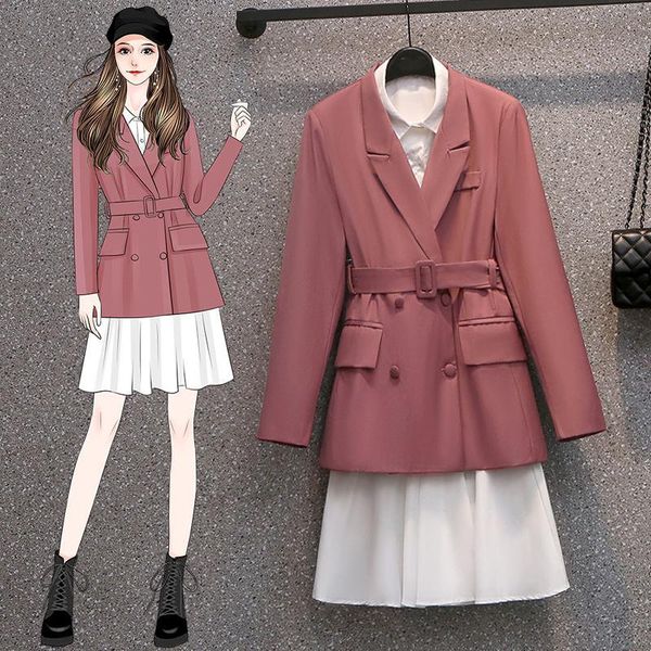 

dress fashion women sets suit + dress business pink coat elegant solid color full sleeve long dresses m4xl two piece set 12291005, White