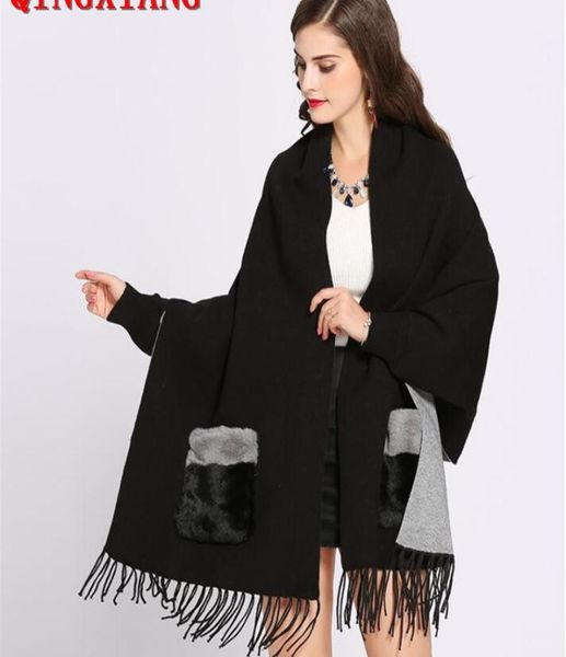 

sample winter faux cashmere poncho women long sleeve wrap vintage shawl fur pocket female oversize tassel knitted scarf 2010068899945, Blue;gray