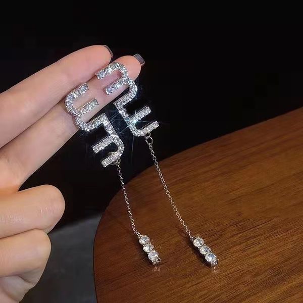 

new water diamond miu letter long tassel pendant earrings and earrings for women, Golden;silver