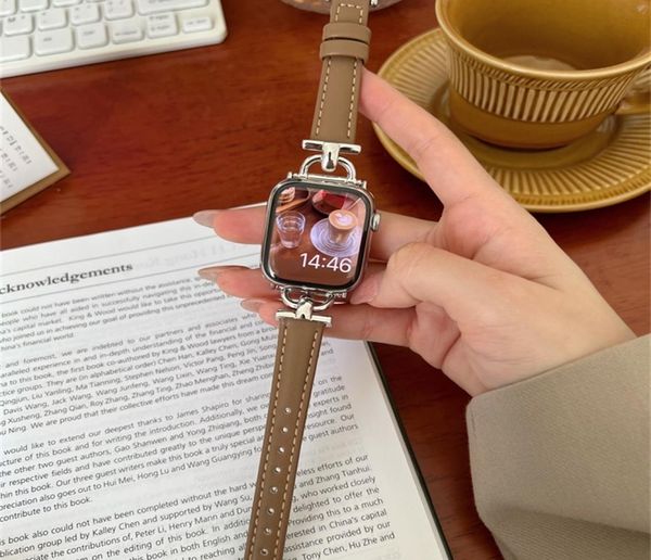 

leather slim watchband for apple watch band 41mm 45mm 40mm 44mm 38mm 42mm series 7 se 6 5 4 3 2 1 woman thin correa wrist strap7682844, Bronze;slivery