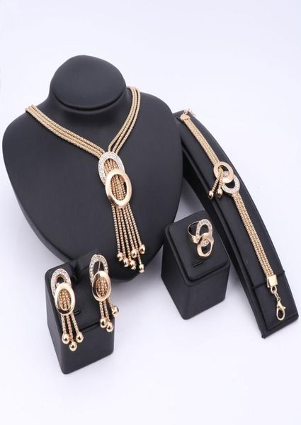

african jewelry sets women wedding gold plated crystal tassel necklace fashion bridal ring bracelet earrings accessories8355690, Slivery;golden
