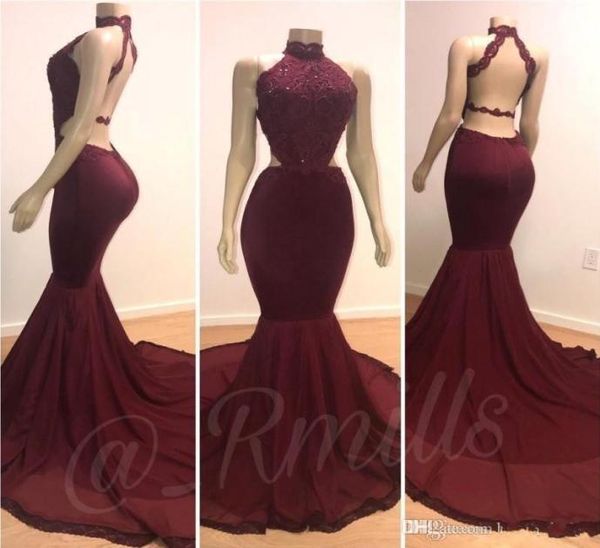 

real pos 2019 halter mermaid long prom party dresses burgundy lace applique beaded backless sweep train evening gowns plu4464422, Black