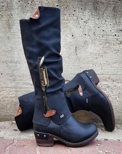 

boots pu leather women western punk cowboy kneehigh zipper female ladies shoes comfortable winter autumn4537370, Black