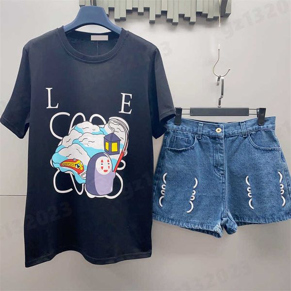 

women two piece set pants totoro series letter print short sleeve t shirt and denim shorts sets fashion brand summer tracksuits apparel desi, White