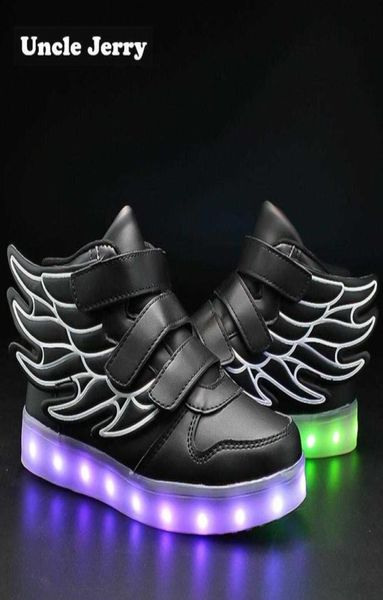 

unclejerry kids light up shoes with wing children led shoes boys girls glowing luminous sneakers usb charging boy fashion shoes 215403335, Black