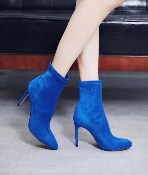 

2019081703 blueblack strech slip on heel short boots01239366171, Black