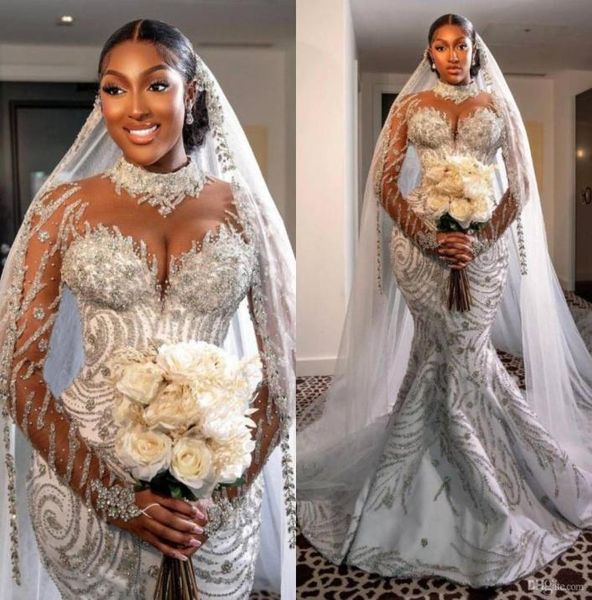 

luxury crystal mermaid wedding dress illusion high neck long sleeve plus size bridal gowns beads bride dresses robes de mariee4407849, White