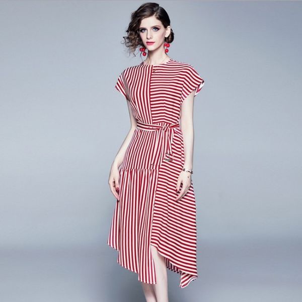 

2023 summer new item europe station high-end irregular skirt round neck short sleeve lace vintage striped dress, Black;gray