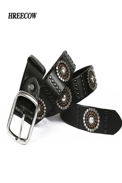 

layer rivet punk male belt genuine leather belts novelty designed personally gift for man geometry decoration for jeans6040513, Black;brown