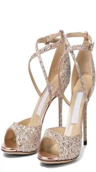 

luxury women emsy glitter sandals shoes crossover straps lady high heels luxurious brands gladiator sandalias dress party wedding 1575572, Black