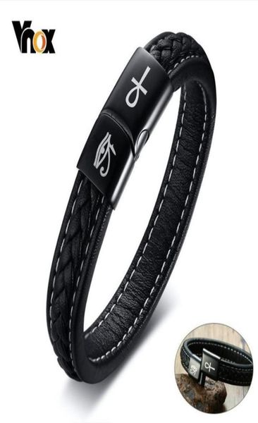 

vnox engraved ankh cross eye of horus bracelets for men black genuine leather pulsera masculina 192123cm93440248495981, Golden;silver