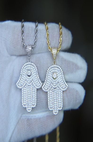 

hip hop bling jewelry iced out cool boy mens necklace hamsa hand pendant gold silver plated cz cubic zirconia bling hiphop necklac2016016