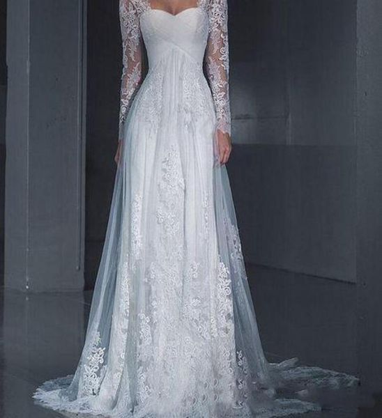 

vintage lace illusion long sleeves a line wedding dresses sweetheart sweep train tulle plus size bridal white and ivory2538133