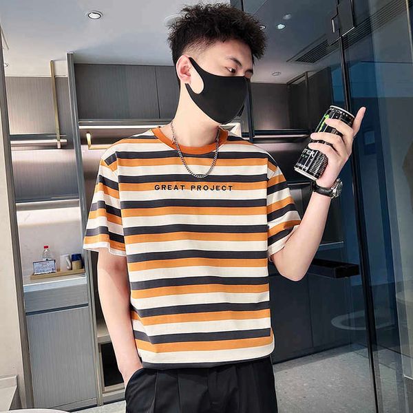 

striped t-shirt men's ins fashion brand half sleeve t-shirt summer men's clothing 2023 new half sleeve summer short sleeve781l, White;black