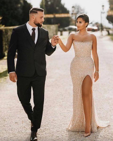 

champagne strapless mermaid prom dresses 2023 high side split evening gown long formal party bridesmaid dress open back, Black