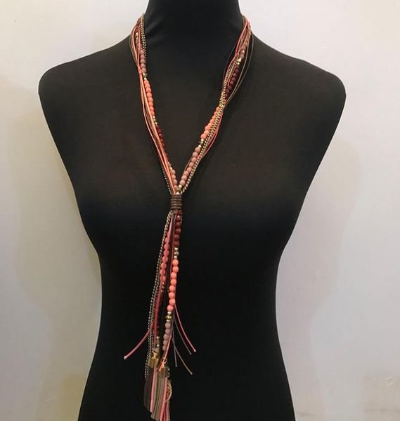 

kpop fashion rope tassel leather multilayer strands sautoir long necklace women accessories collier femmehalskettehandmade rainb1652149, Black