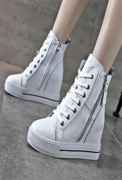 

autumn winter laceup highsandals genuine leather women sneakers shoes high heels increase within wedges casual7312671, Black