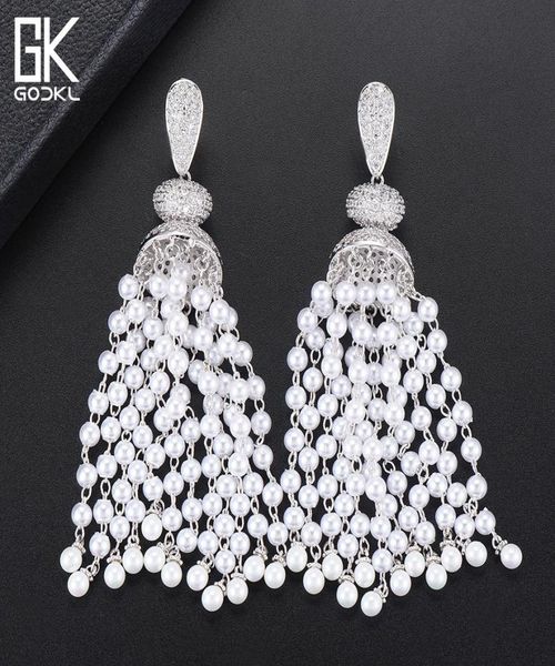 

godki luxury imitation pearls tassels long dangle earrings for women wedding cubic zircon dubai bridal silver drop earrings 2018 j1119197, Golden;silver