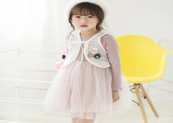 

baby kids clothing good quality autumn new girls cartoon lace waistcoat long sleeved dress 2 piece sets clothing sets6410490, White